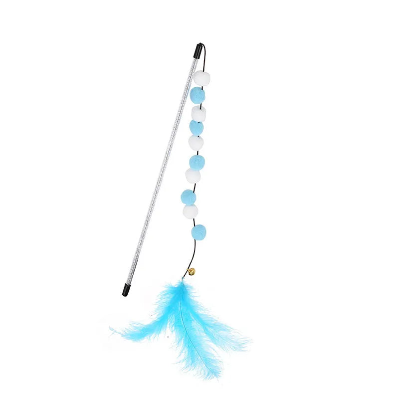 Colourful cat teaser toy rod with bell, feathers and pompons on 31cm stick