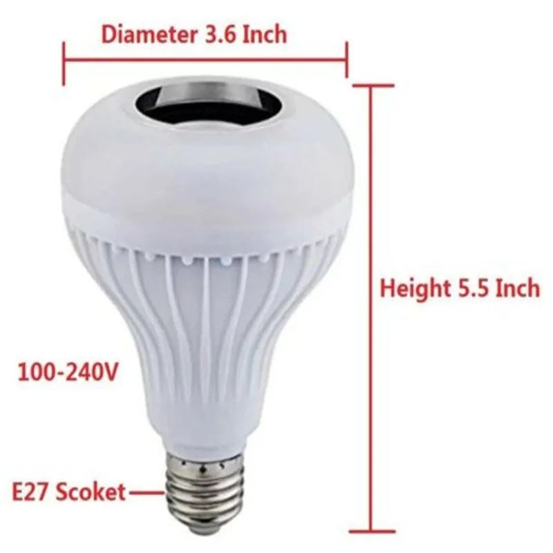 White Bluetooth speaker LED bulb with E27 screw base and remote control for 16 colour lighting.