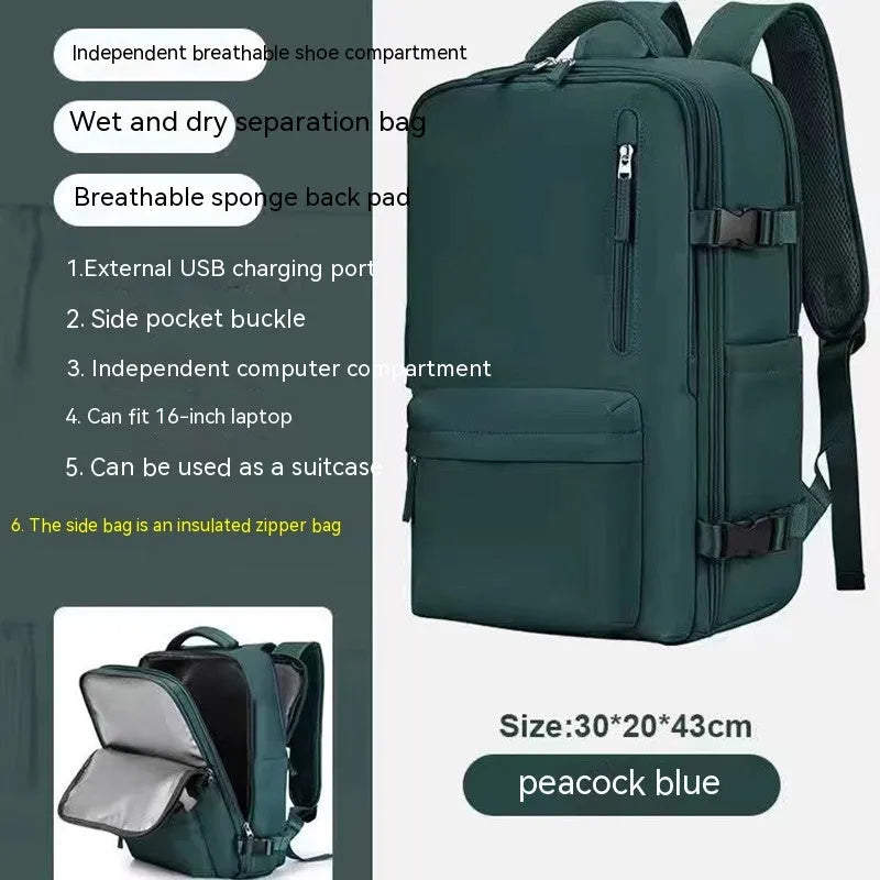 Large black nylon mummy-style travel backpack with a waterproof lining.
