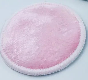 Set of red and blue velvet makeup remover pads in cotton mesh storage bag