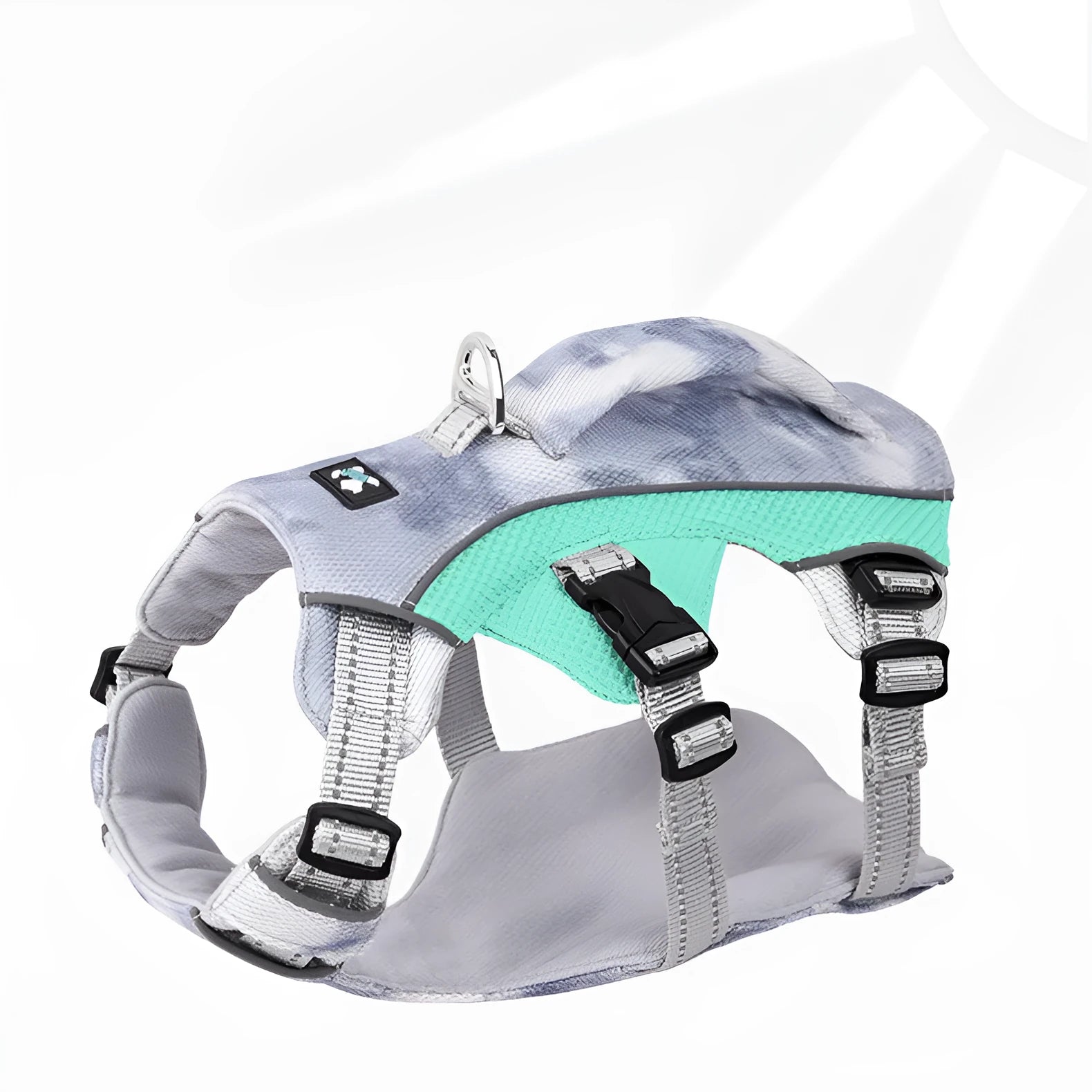 Reflective dog cooling chest strap in light blue colour with adjustable polyester straps