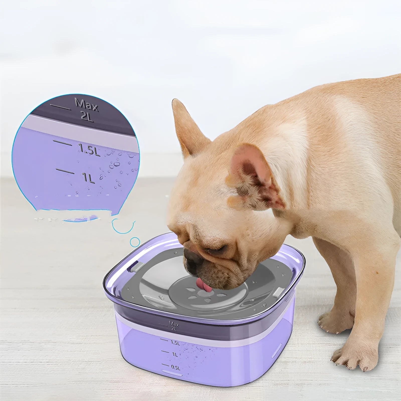 Pet dog floating water bowl in transparent colour, splash-proof design, 21.3x18.8x9.5cm ABS plastic