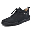 Men's black casual leather derby shoes with rubber sole and rounded toe.