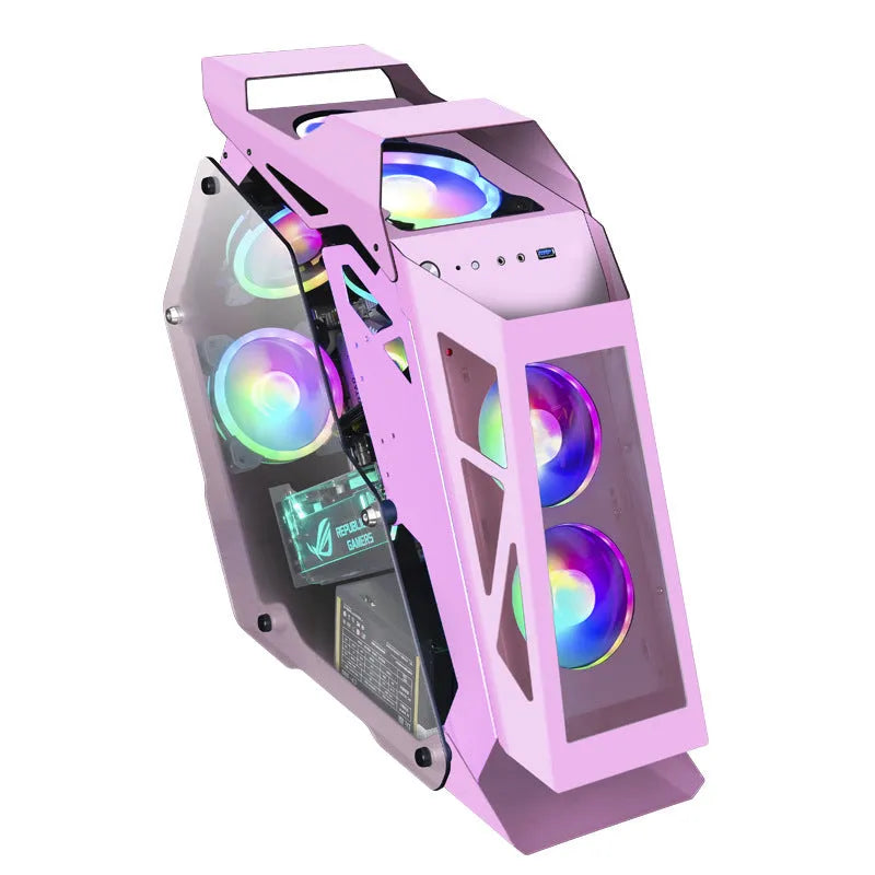 Table-type black bare metal PC chassis with six RGB fans lit up on a desk