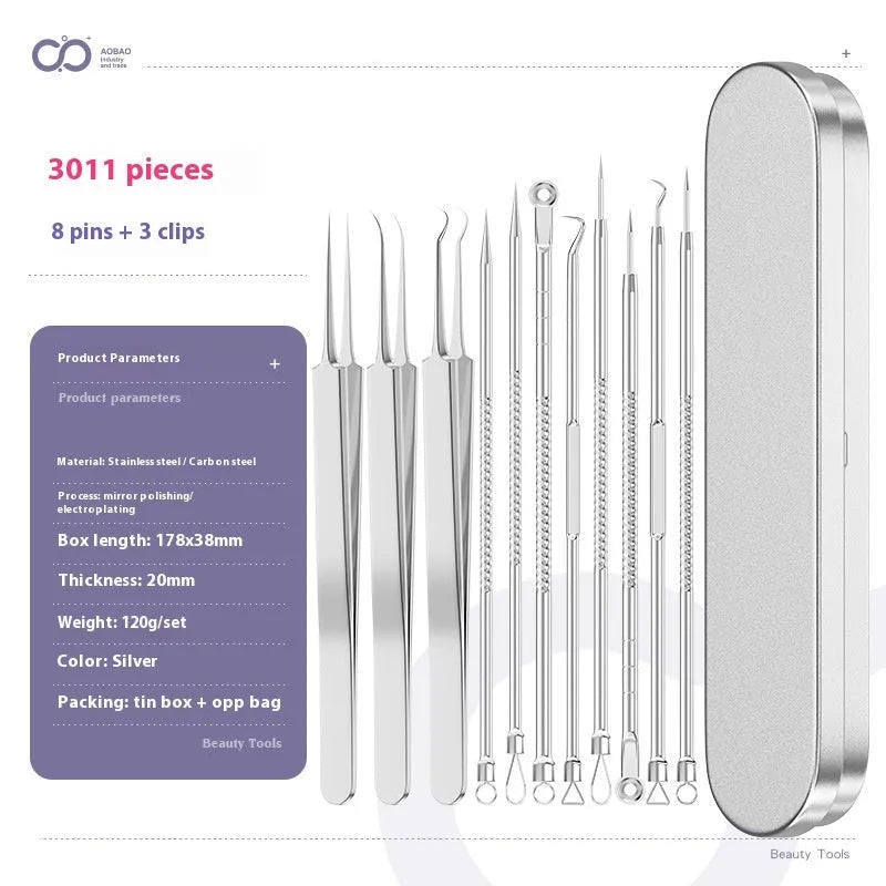 Set of four silver metal acne needles with pointed tips on a white background.