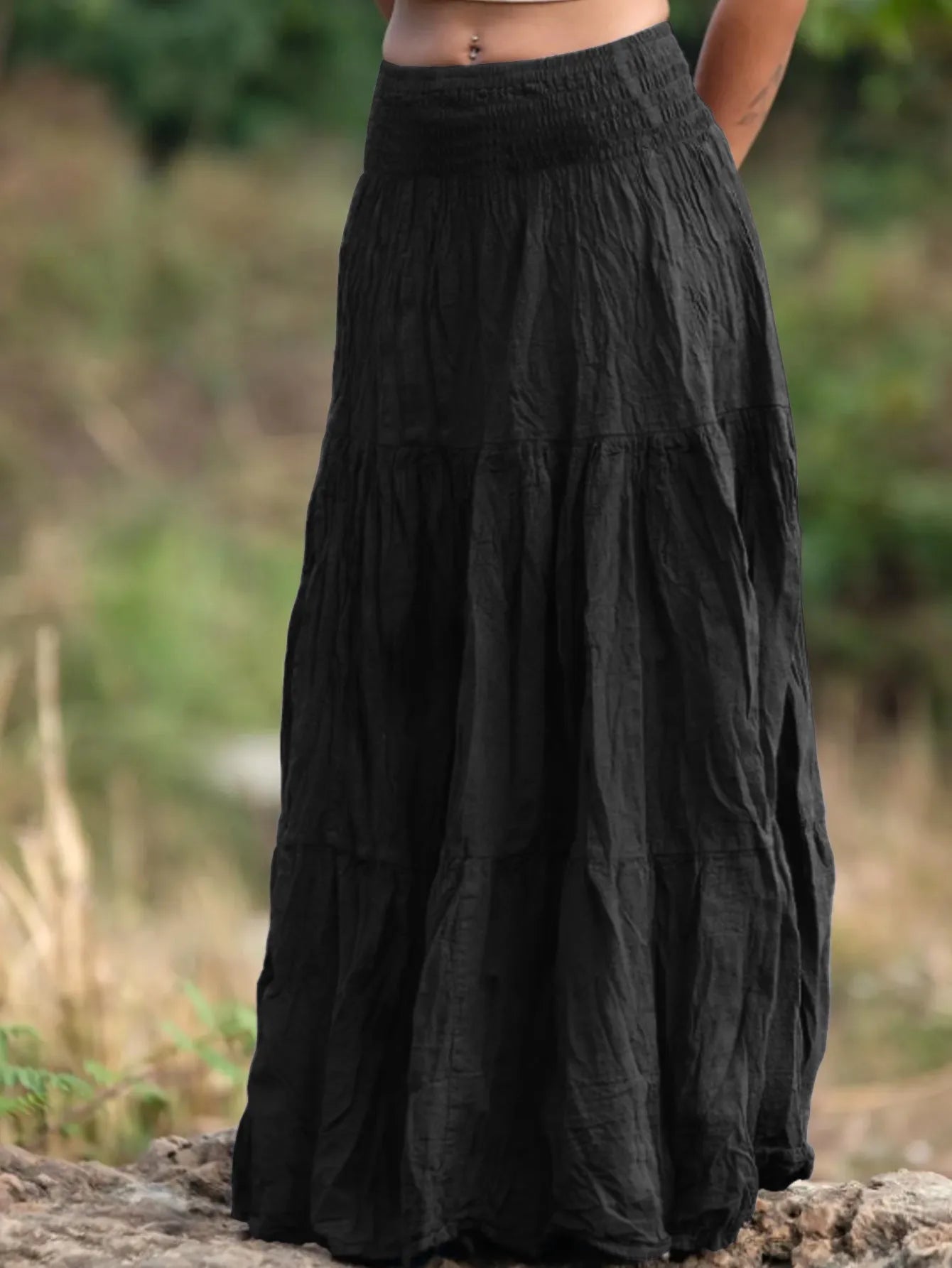 Women's waist smocking mid-length retro skirt in viscose fibre with folding detail, available in multiple colours and sizes