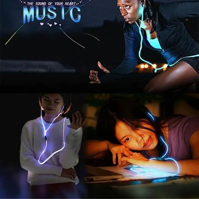 Blue wired earphones with glowing LED light lines on earpieces, showing 3.5mm plug and inline remote.