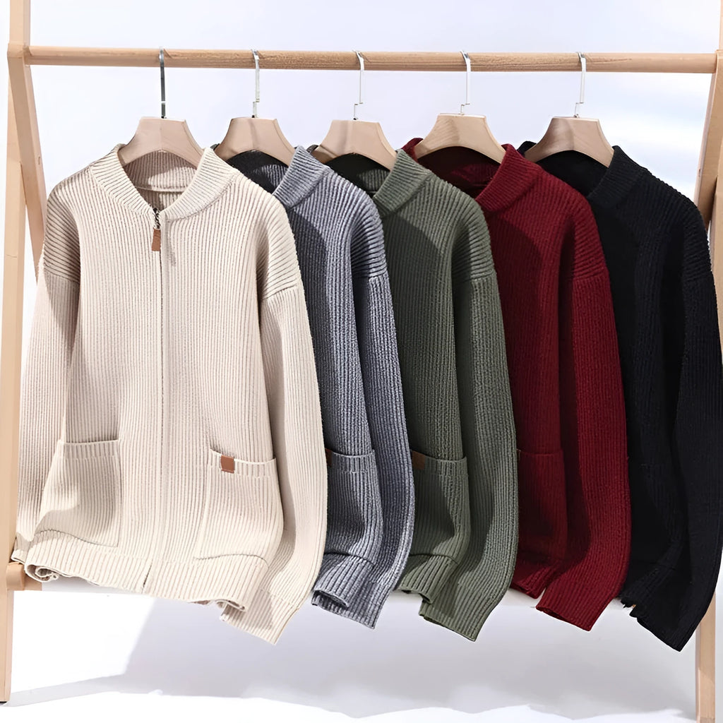 Men's striped sweater cardigan jacket in chemical fibre blend with zip-up front