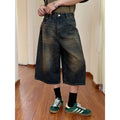 Men's loose straight jeans shorts in blue denim with fifth pants length for summer wear