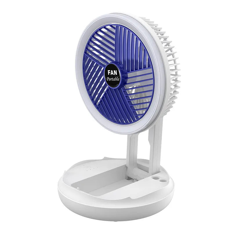 Blue or grey foldable USB desk fan with LED light showing wall mount and ceiling hanging options