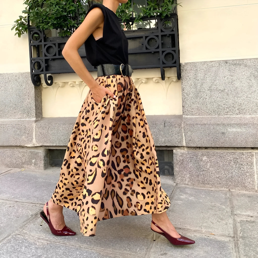 Brown leopard print women's A-line skirt with long length and big hem in polyester fabric