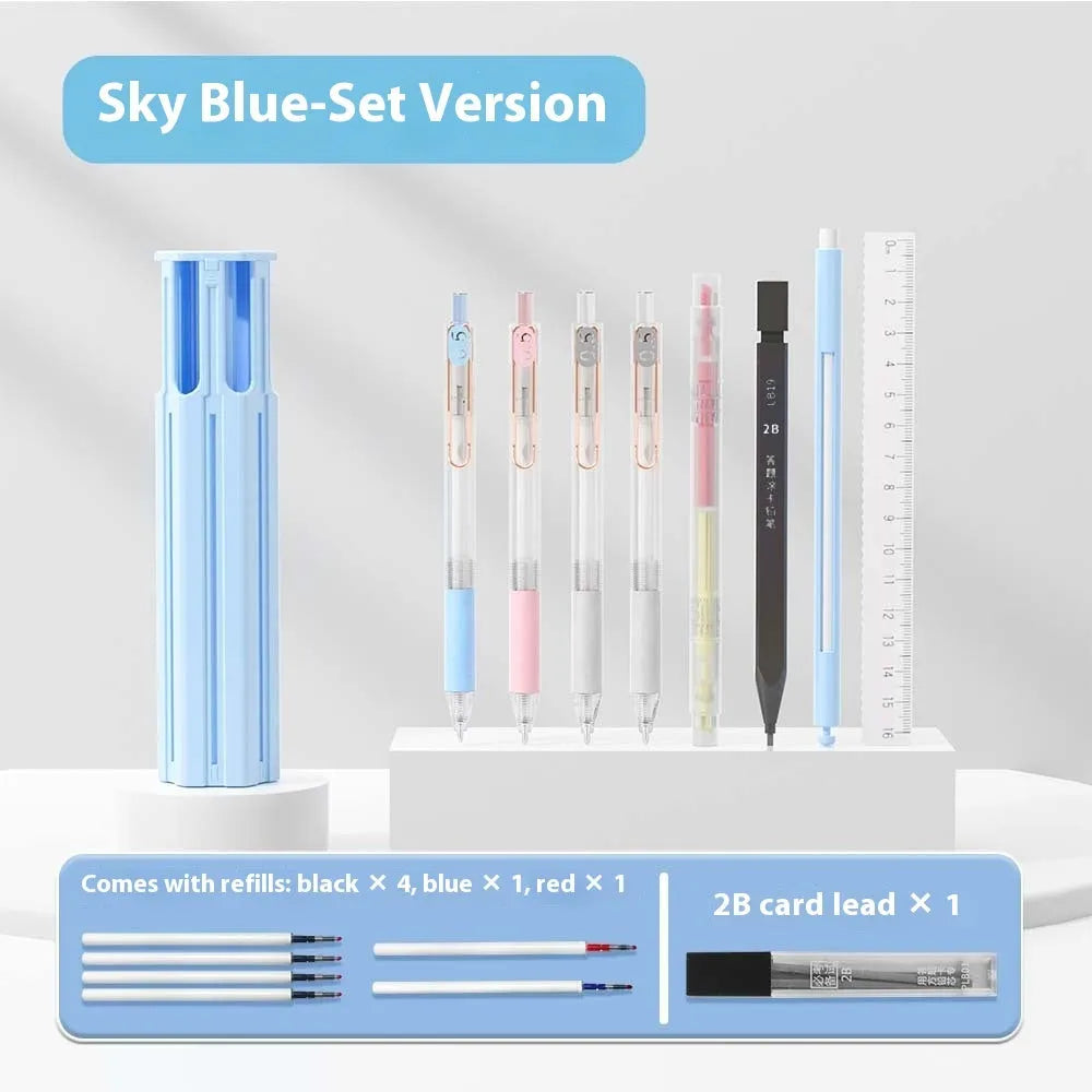 Plastic pressing pen pencil box kit in white, blue, or pink, showing six-pen and sixteen-pen suite options.