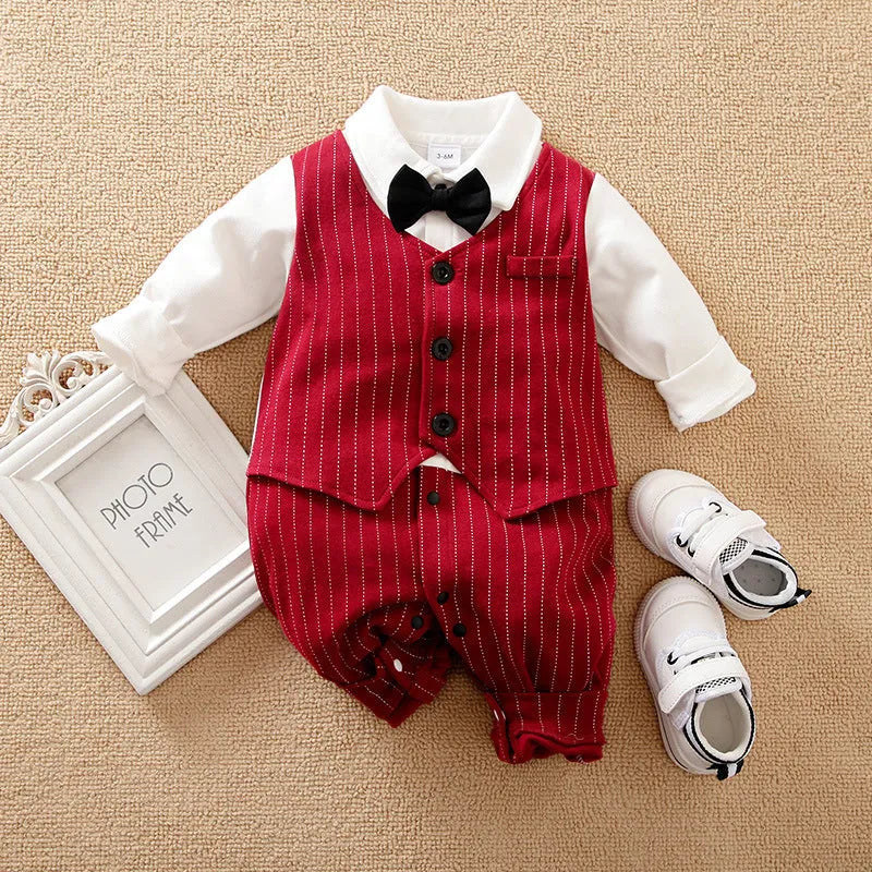 Wine red cotton baby boy romper with long sleeves and single-breasted closure for autumn.