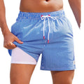 Men's loose swimming trunks with elastic waistband in multiple colour patterns including floral and aquatic designs