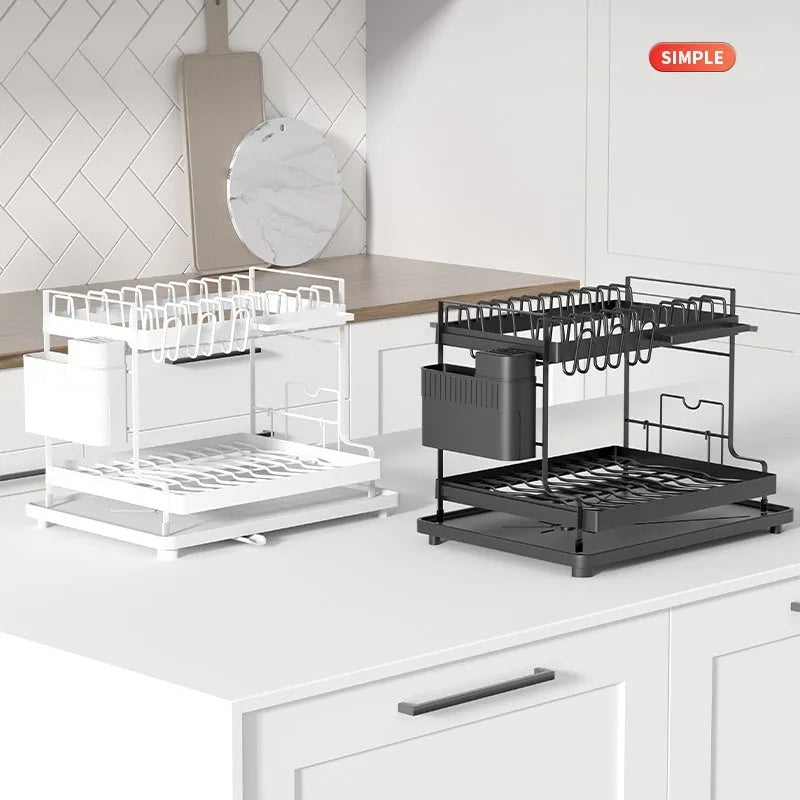 White double-layer kitchen draining rack with carbon steel construction for dish drying