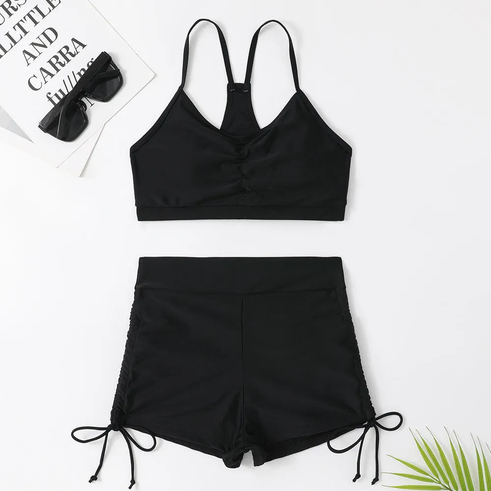 Purple women's high waist split bikini swimsuit two-piece set on a mannequin.
