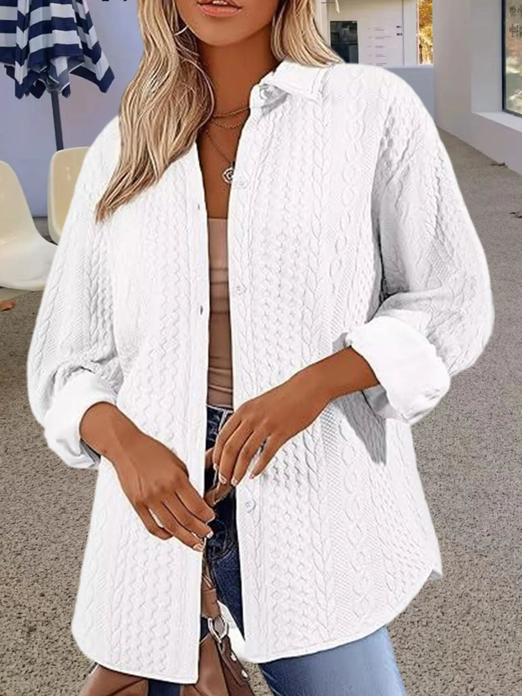 Women's solid colour knitted cardigan with long sleeves shown in black, white, and khaki colour options