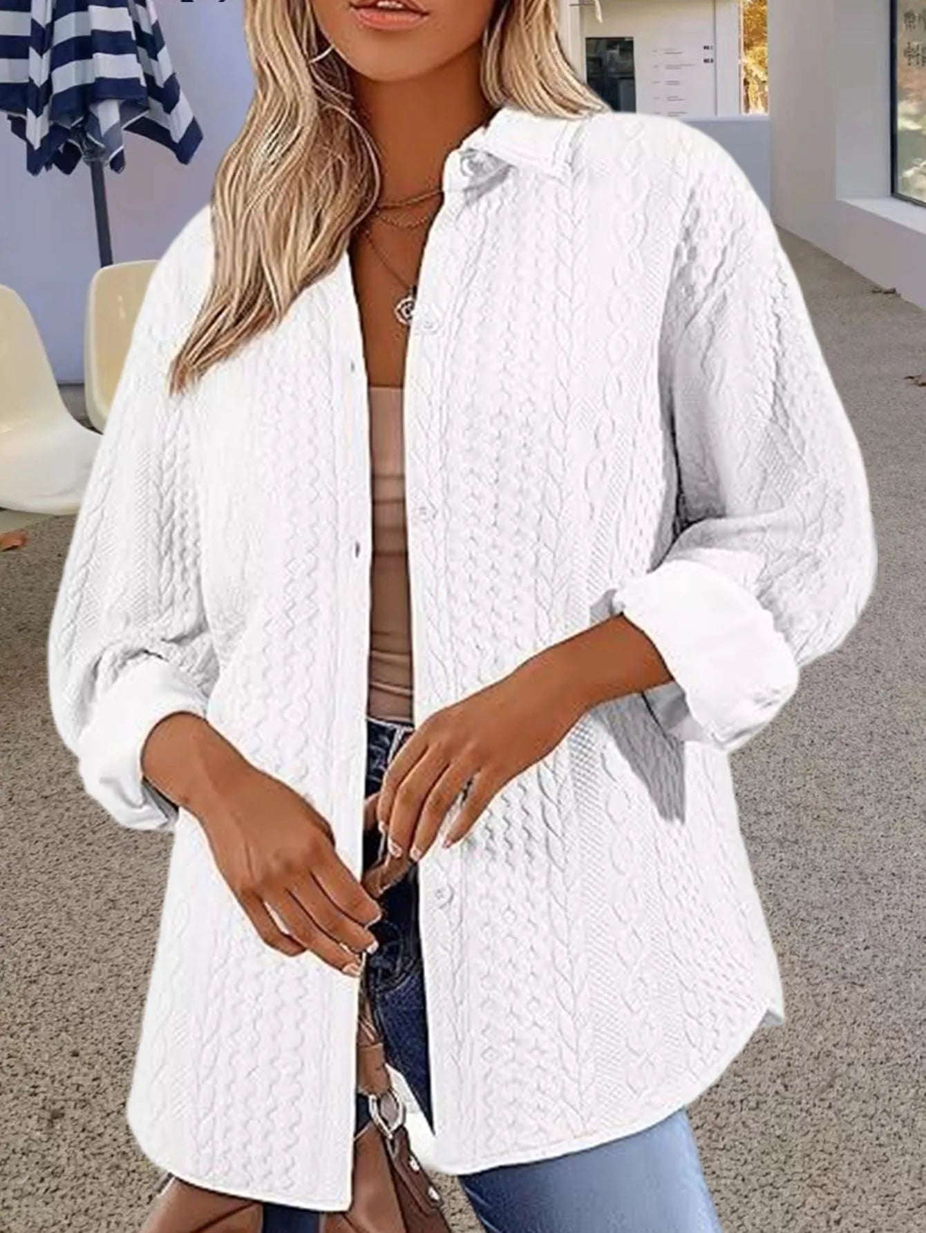 Women's solid colour knitted cardigan with long sleeves shown in black, white, and khaki colour options