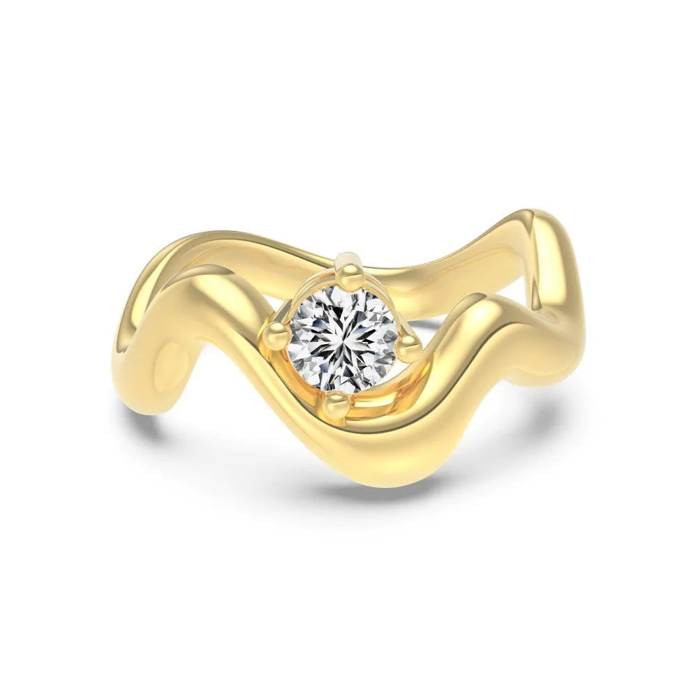 Women's metal single diamond smooth wave line open ring in silver electroplate finish