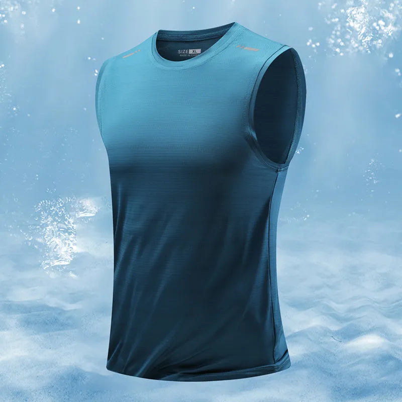 Men's loose-fit bamboo fibre polyester sleeveless vest in grey on a hanger.