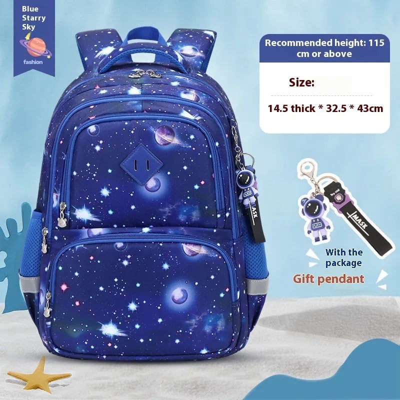 Blue dinosaur print waterproof Oxford cloth children's school backpack with curved shoulder straps.