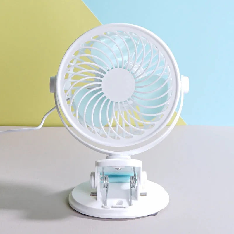 USB desk fan showing compact design with three blades, available in clip-mount or floor-standing styles