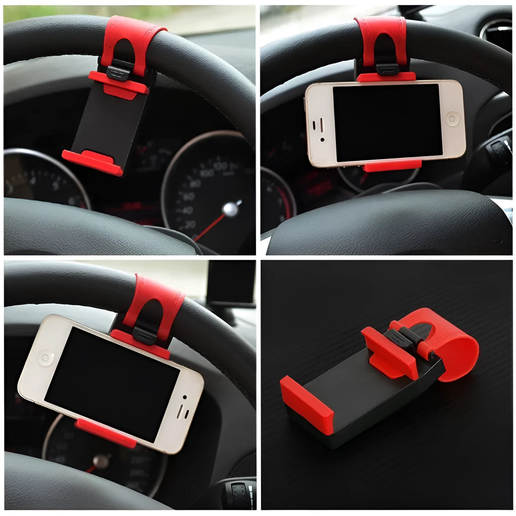 Black car steering wheel clip mount holding smartphone for hands-free driving