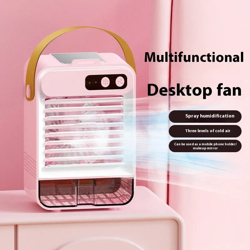 Dark green and ivory white compact USB desk fan with humidifier, showing 5 plastic blades.