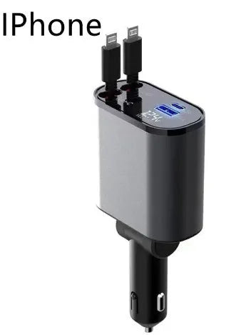 100W metal car charger with retractable cable and adjustable head for fast mobile charging in a car