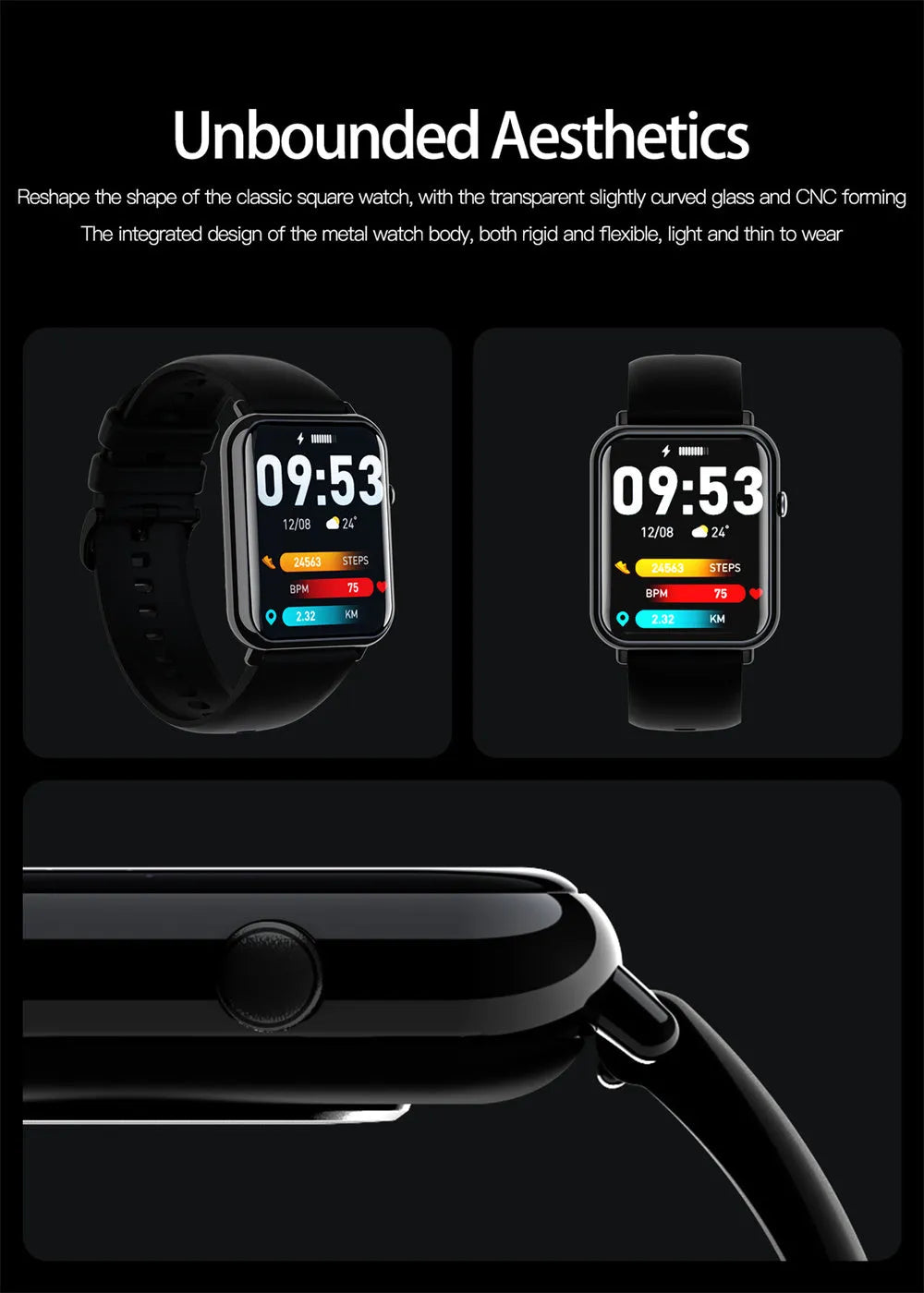 Smart waterproof watch with 1.69inch TFT screen and composite silica gel strap in Black