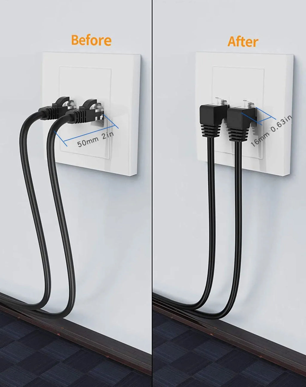 Right-angle Cat6 Ethernet cable with metal RJ45 connectors in various colours and lengths
