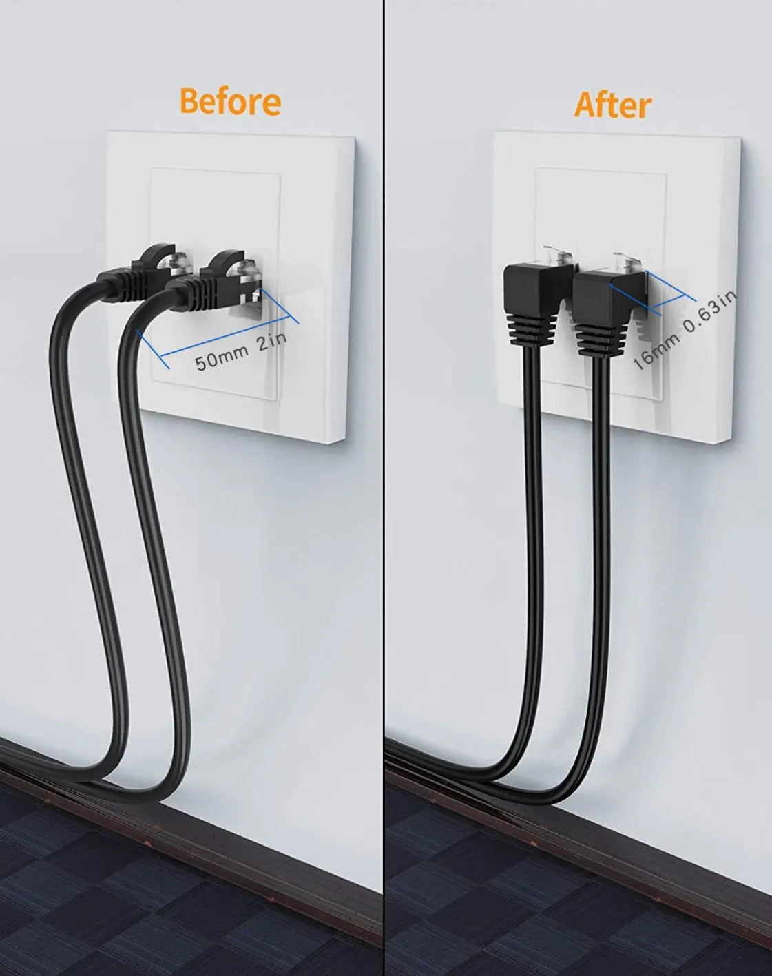Right-angle Cat6 Ethernet cable with metal RJ45 connectors in various colours and lengths