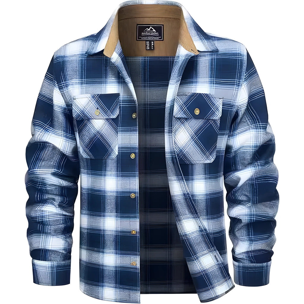 Men's casual plaid button shirt in cardigan style for winter, available in multiple colours.