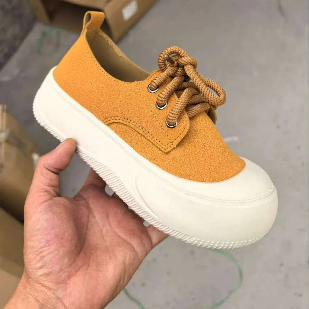 Women's suede leather platform loafers with 4cm height increase and round toe design in camel colour