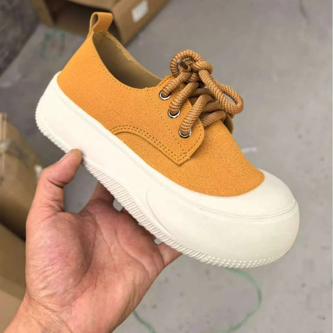 Women's suede leather platform loafers with 4cm height increase and round toe design in camel colour