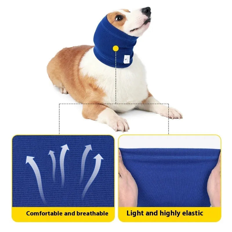 Blue polyester dog comforter headband scarf wrapped around a dog's neck showing S, M, L size options