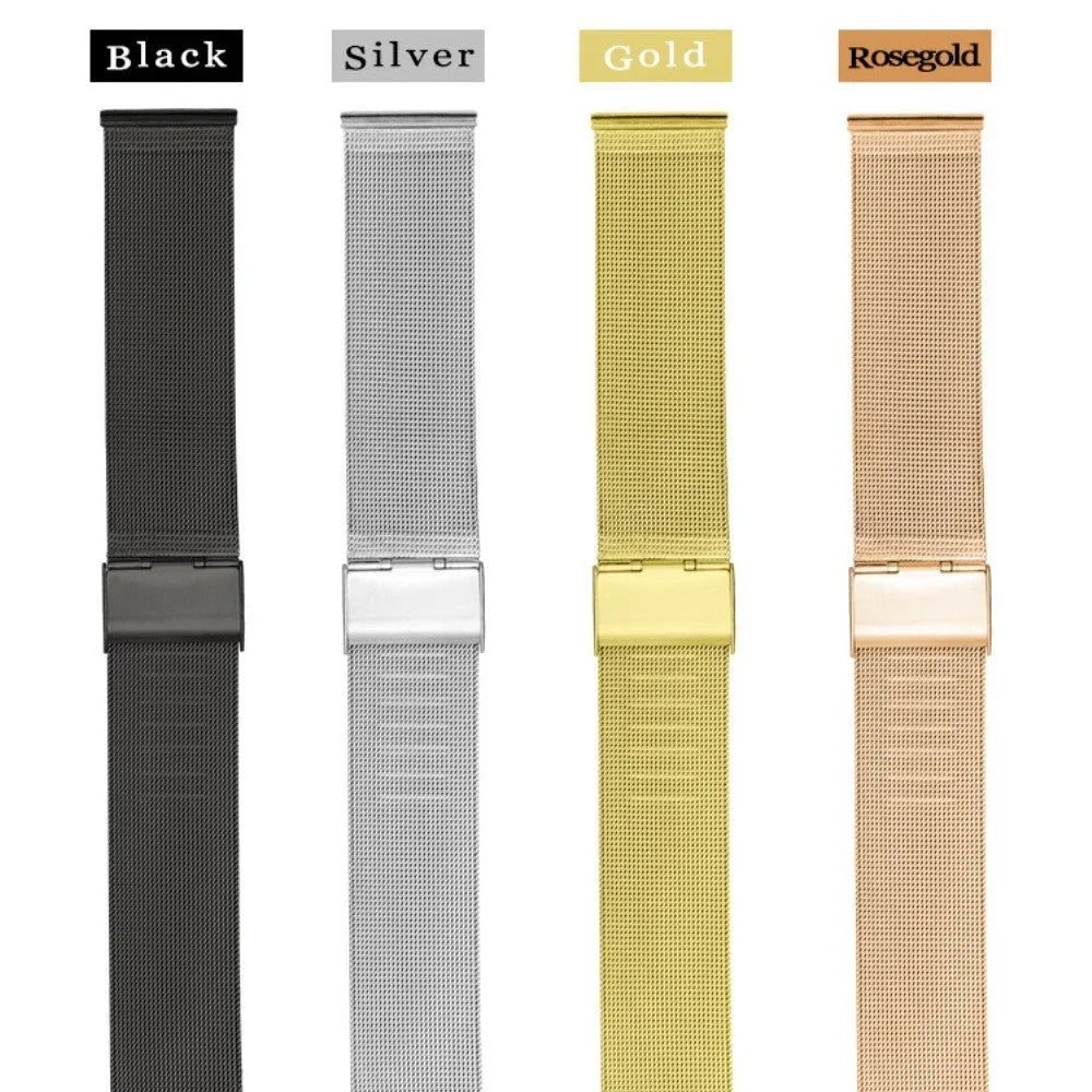 Milani silk woven stainless steel watch band in silver, shown detached from a watch.