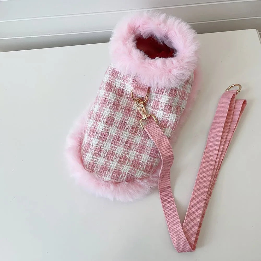 Pink cat clothing set with beret, cloak and hand holding rope for female cats
