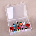 Transparent plastic sewing storage box with 42 removable compartments for organising threads and needles.