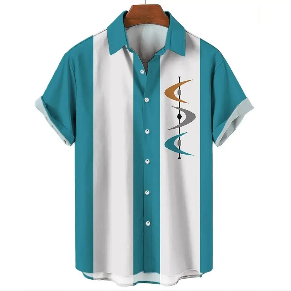 Men's stripe pattern Hawaiian shirt with short sleeves and button fastening in cardigan style