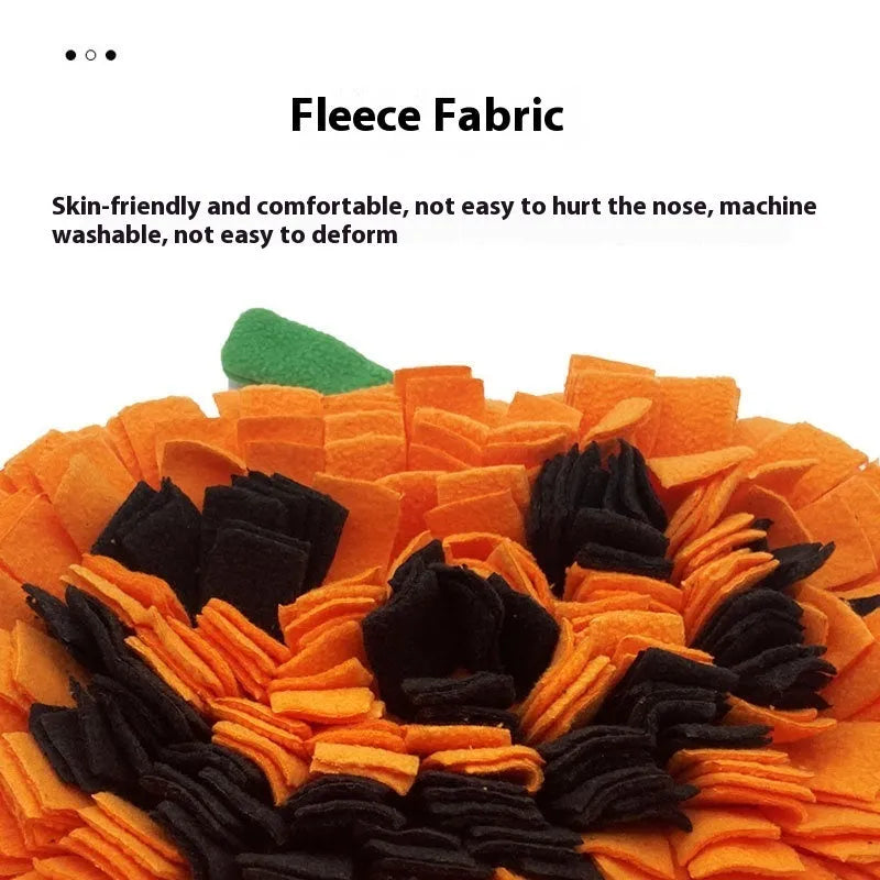 Orange pumpkin-shaped pet smell mat made from polar fleece for slow feeding and scent training games.