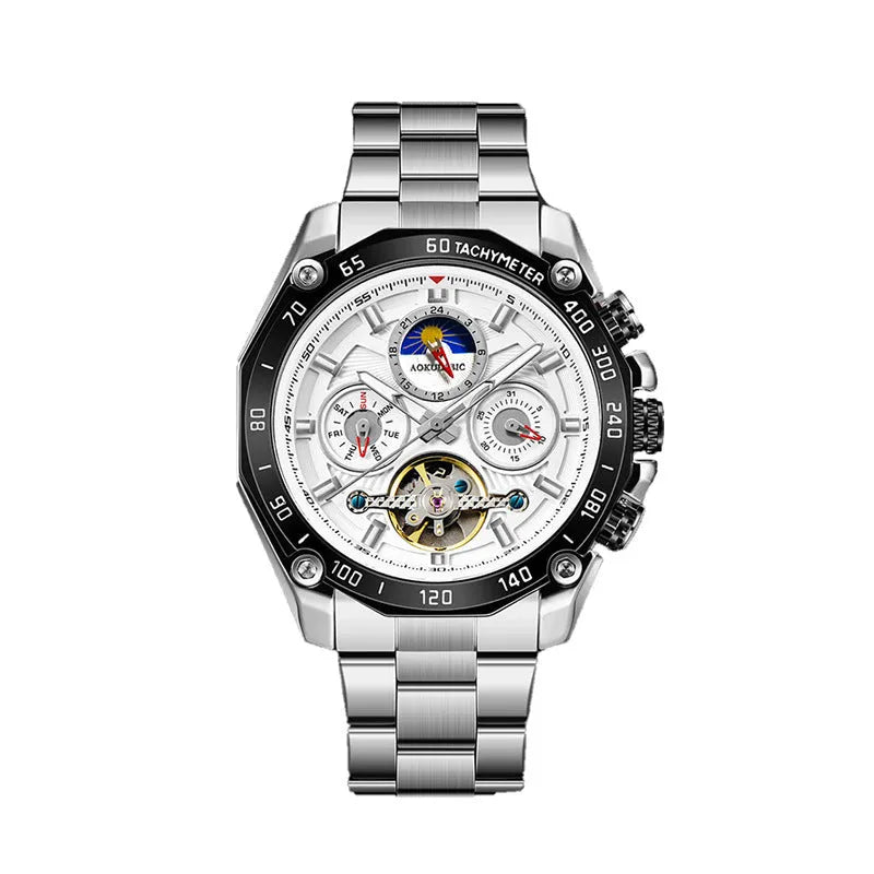 Men's automatic mechanical watch with silver case and black dial showing 12mm thickness