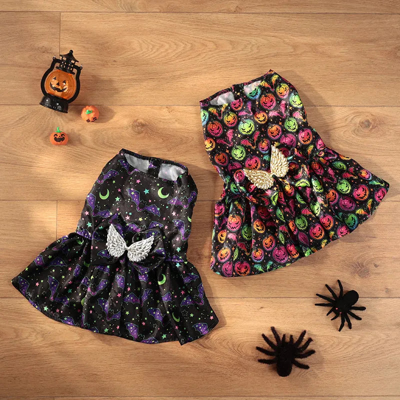Angel wings Halloween dog costume in bright pumpkin or bat patterns available in four sizes