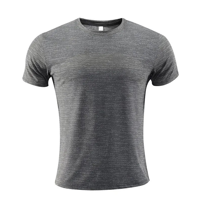 Men's red polyester spandex short sleeve sports t-shirt for running and basketball.