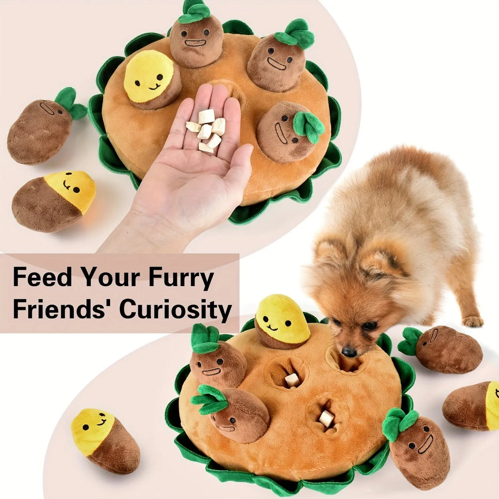 Yellow interactive dog puzzle mat with foraging pockets and removable squeaky plush toys