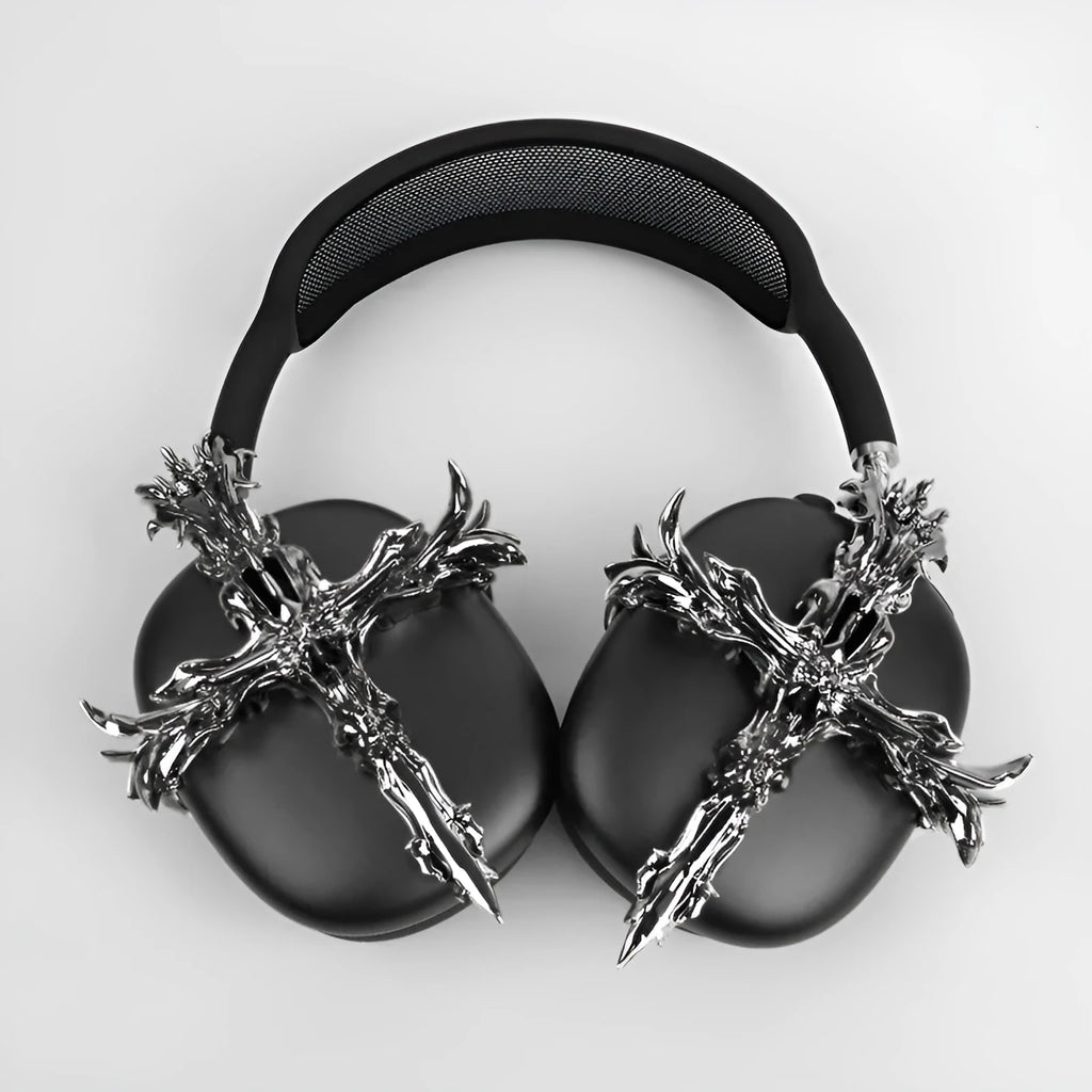 Gothic style 3D printed resin cover for Apple AirPods Max headphones in silver and gun colour options