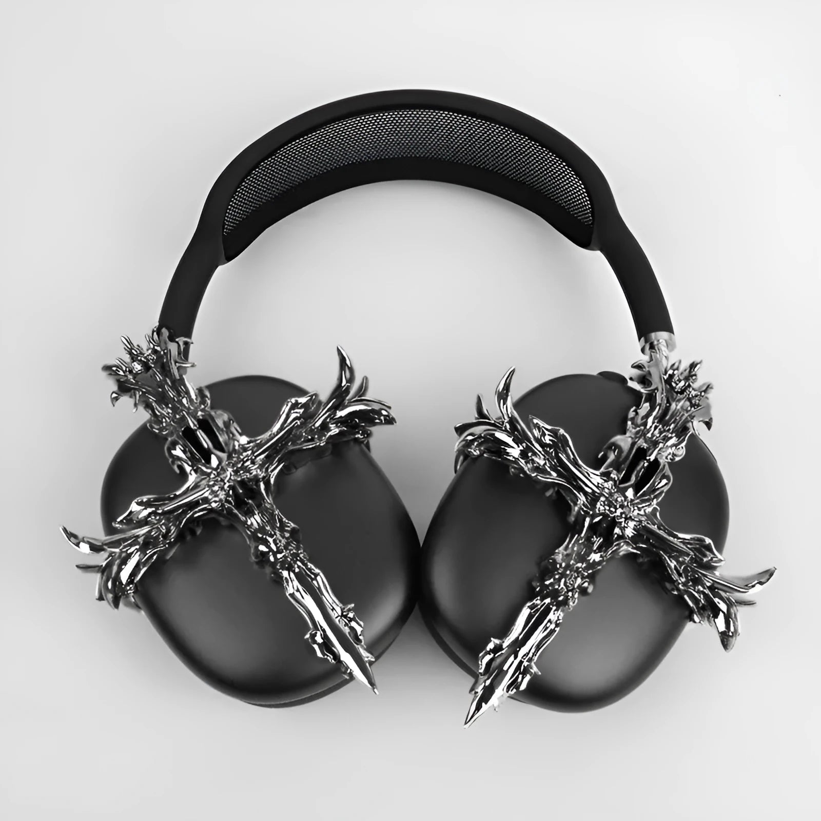 Gothic style 3D printed resin cover for Apple AirPods Max headphones in silver and gun colour options