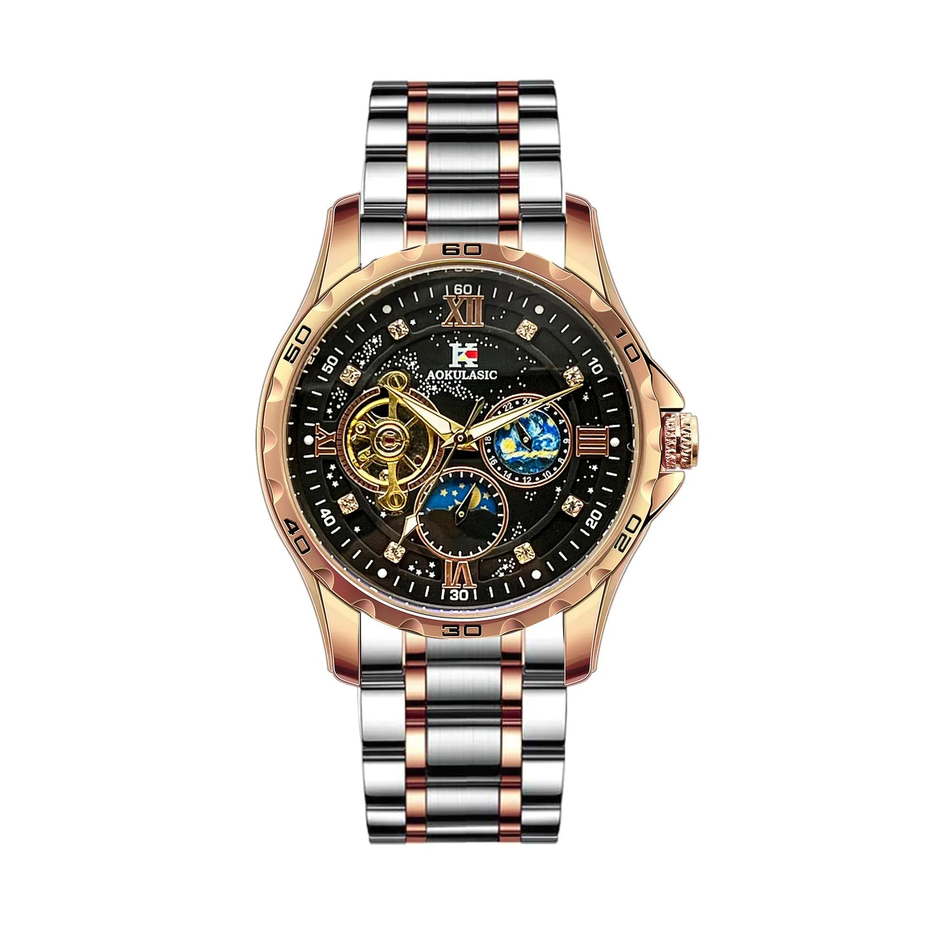 Men's automatic mechanical watch with rose gold case and black dial showing large display