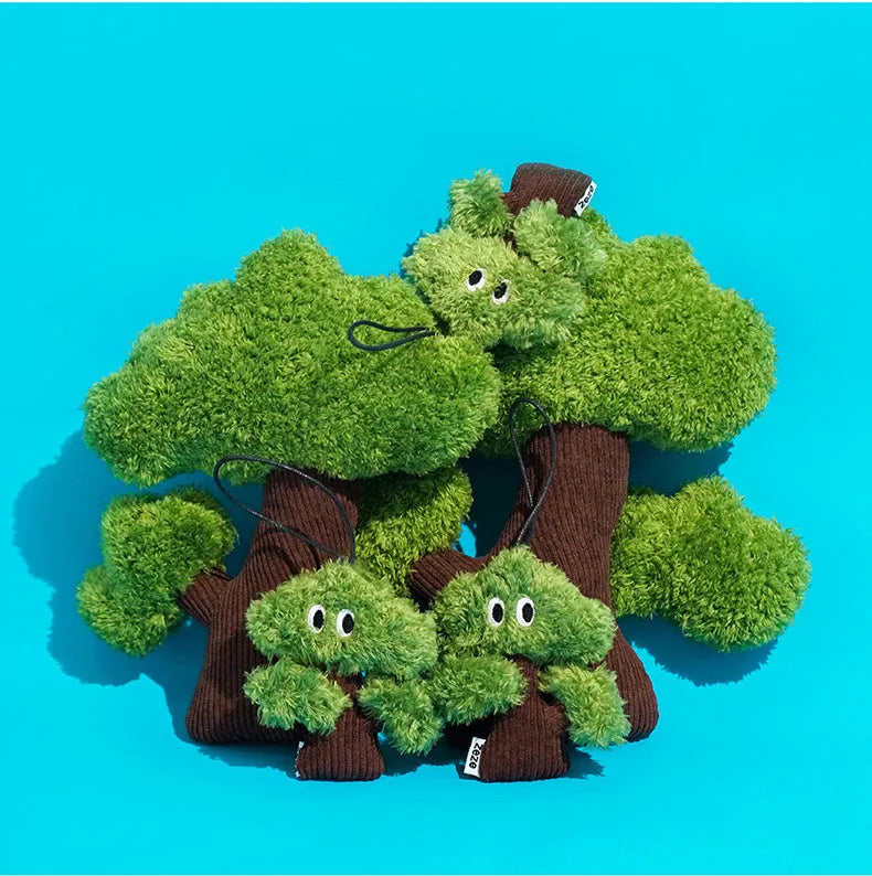 Pine tree shaped cat toy stick with catnip bag pendant, shown in large, medium, and small sizes.