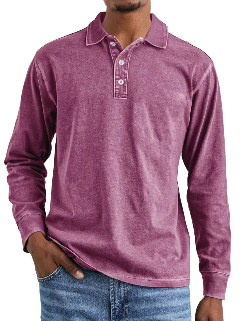 Men's retro washed distressed cotton lapel long sleeve polo shirt shown in army green.